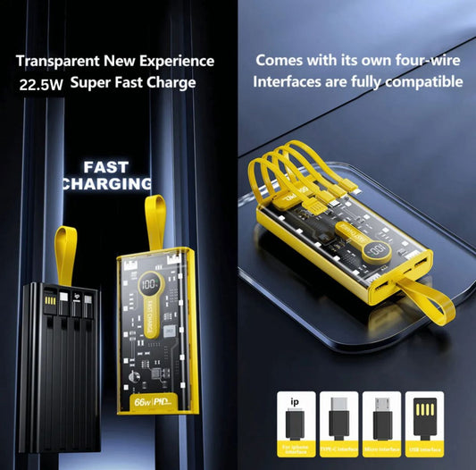 Transparent 20000mAh Power Bank – 66W Fast Charging Portable Charger with 4 Built-In Cables