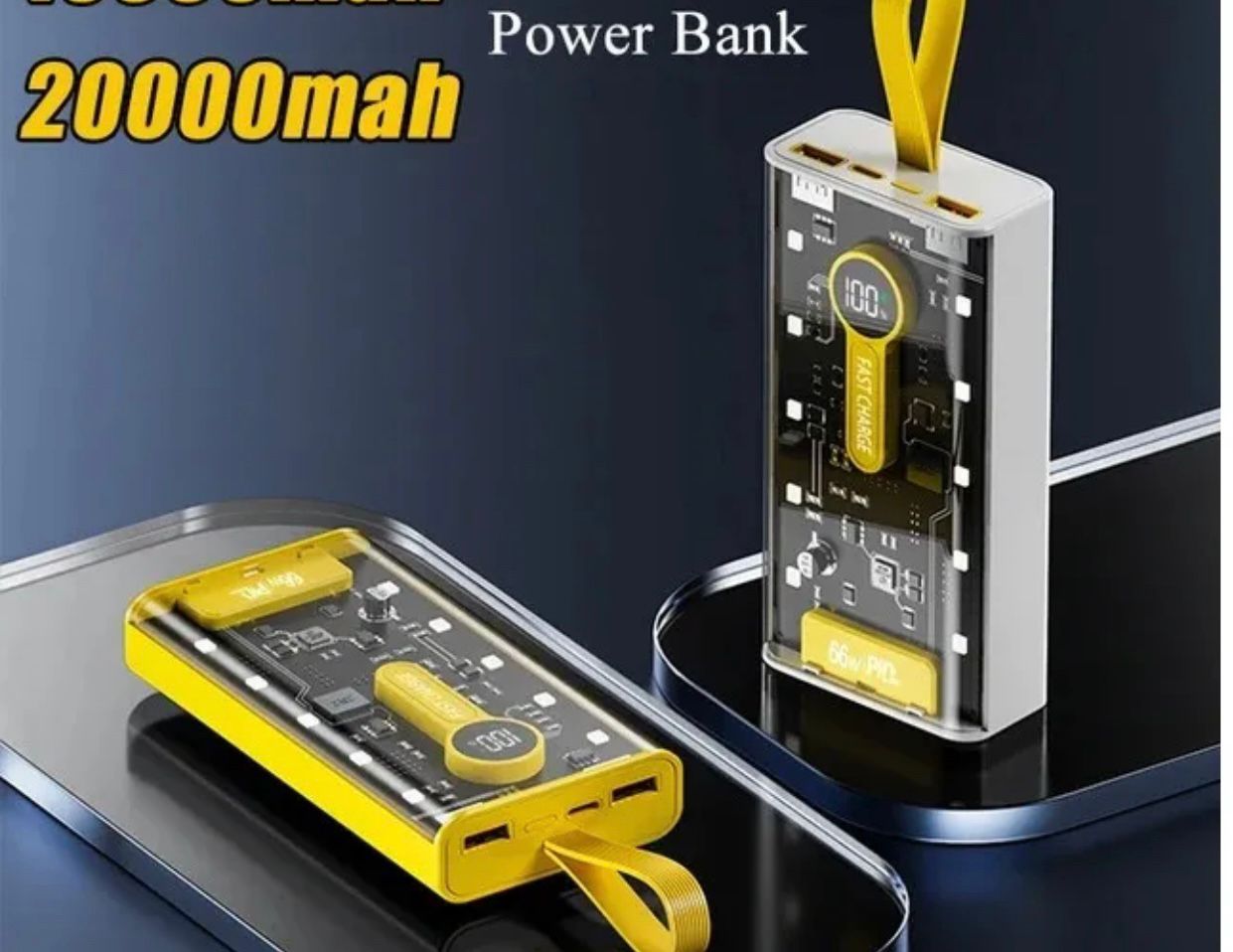 Transparent 20000mAh Power Bank – 66W Fast Charging Portable Charger External Battery Pack