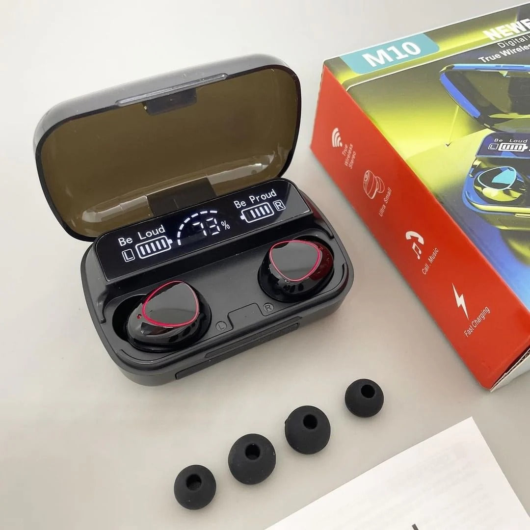 M10 TWS Earbuds – Bluetooth 5.1, 8-10h Playtime, IPX7 Waterproof with 3500mAh Charging Case