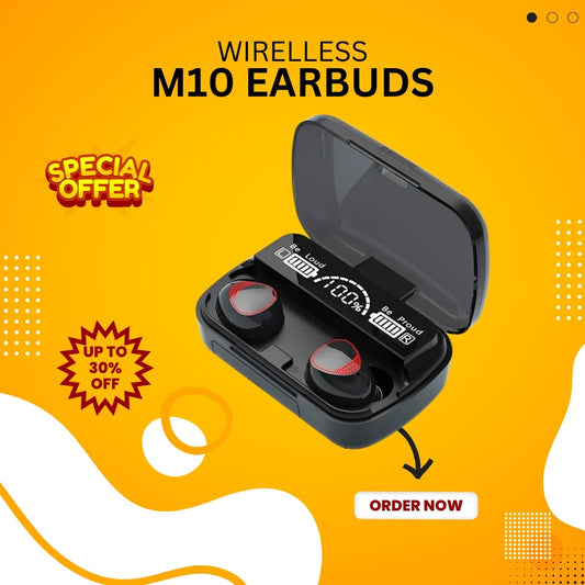M10 TWS Earbuds – Bluetooth 5.1, 8-10h Playtime, IPX7 Waterproof with 3500mAh Charging Case