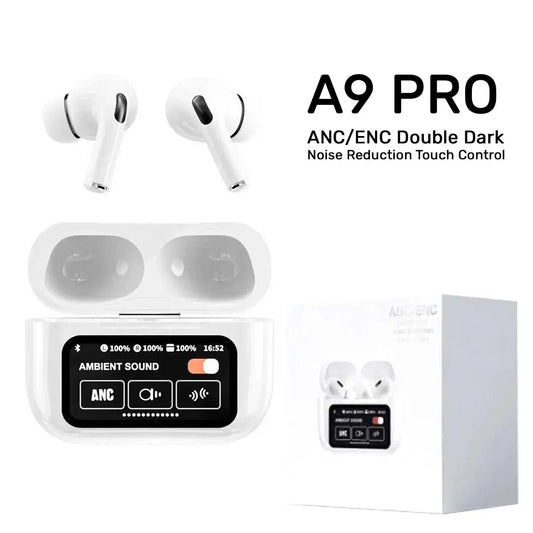 A9 Pro Buds Earphones – ANC + ENC Noise Reduction, LED Battery Display, 5-6H Ear Play + Long Case Backup