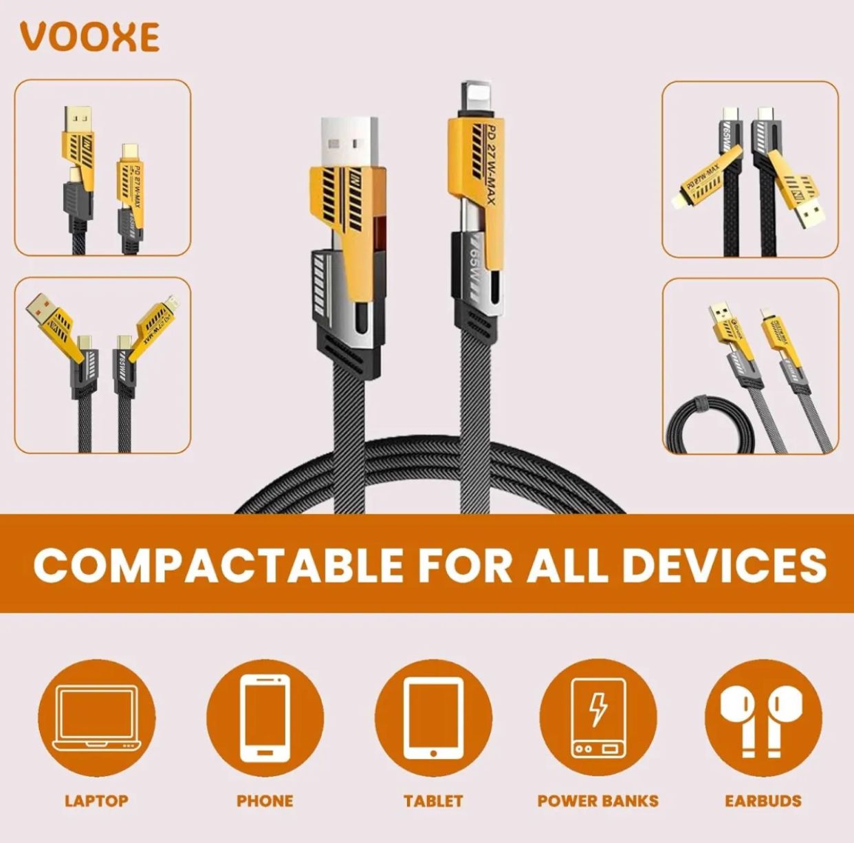 4-in-1 USB-C Fast Charging Cable (1m) – Nylon Braided, PD 65W/27W, Multi-Connector