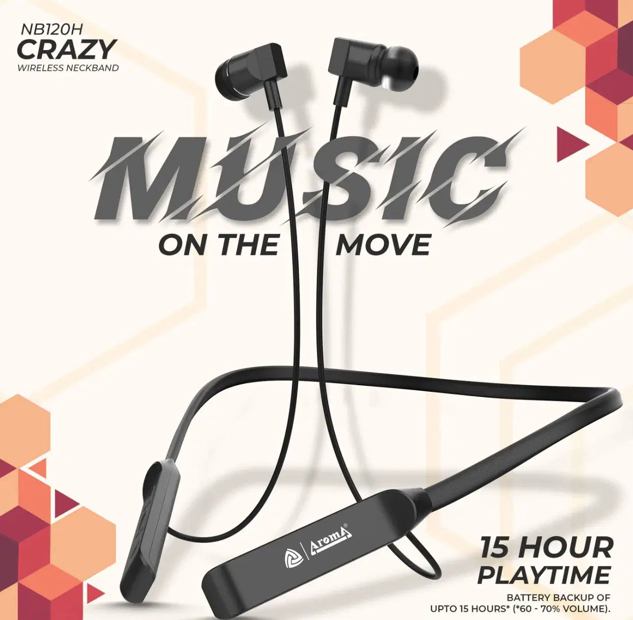 Aroma NB120 / NB119 Series Neckband – Long-Life Battery, HD Sound, 3-Size Eartips, USB-C Charging