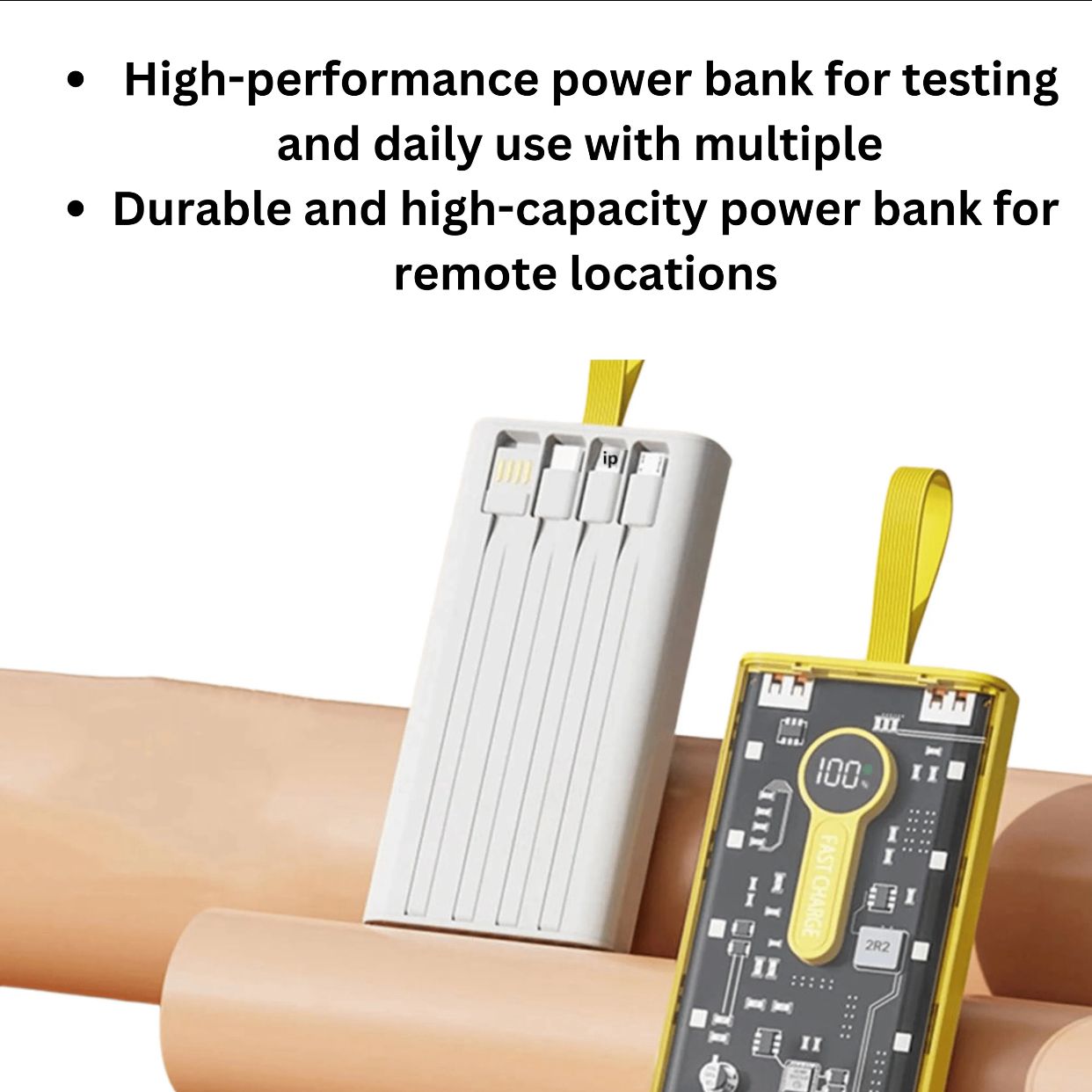 Transparent 20000mAh Power Bank – 66W Fast Charging Portable Charger with 4 Built-In Cables