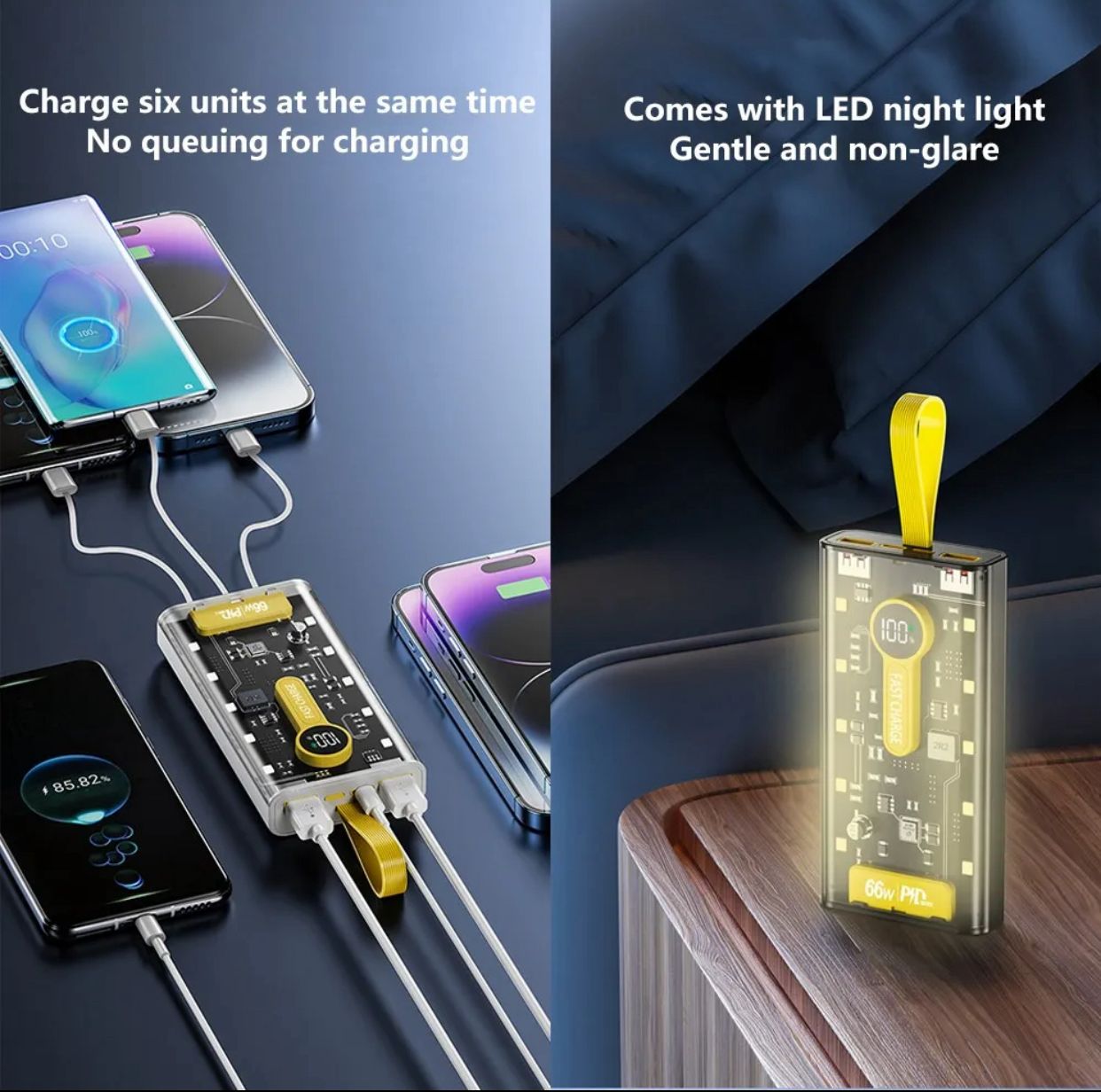Transparent 20000mAh Power Bank – 66W Fast Charging Portable Charger with 4 Built-In Cables