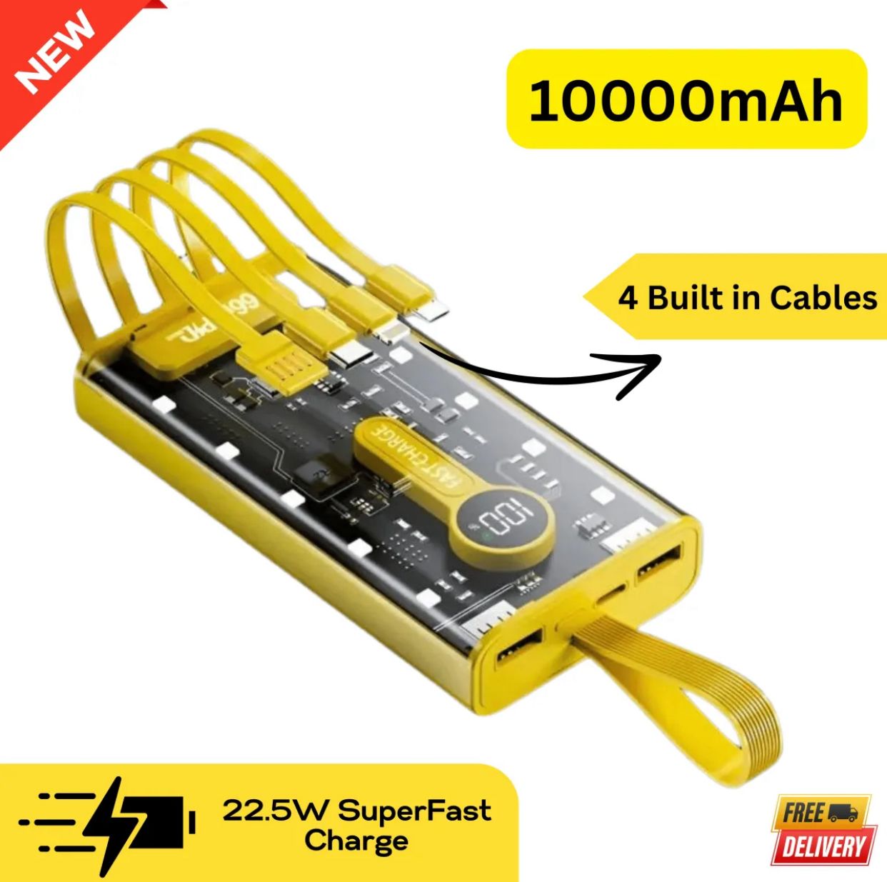 Transparent 20000mAh Power Bank – 66W Fast Charging Portable Charger with 4 Built-In Cables