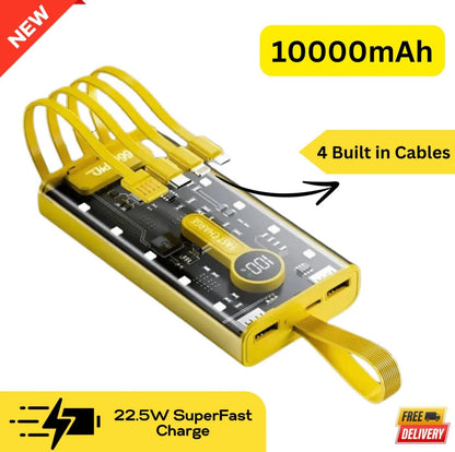 Transparent 20000mAh Power Bank – 66W Fast Charging Portable Charger with 4 Built-In Cables