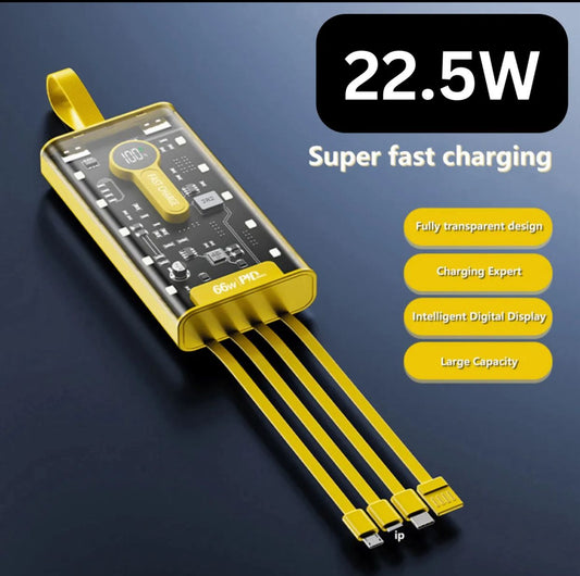 Transparent 20000mAh Power Bank – 66W Fast Charging Portable Charger with 4 Built-In Cables