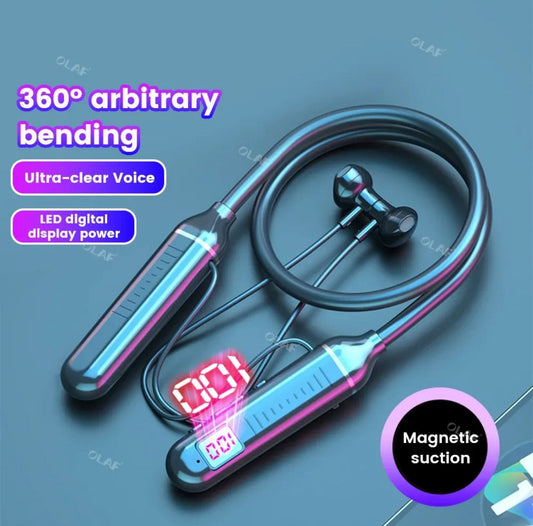 LCD Neckband Bluetooth Headphones – Real-Time Battery Display, Waterproof, SD Card Supported