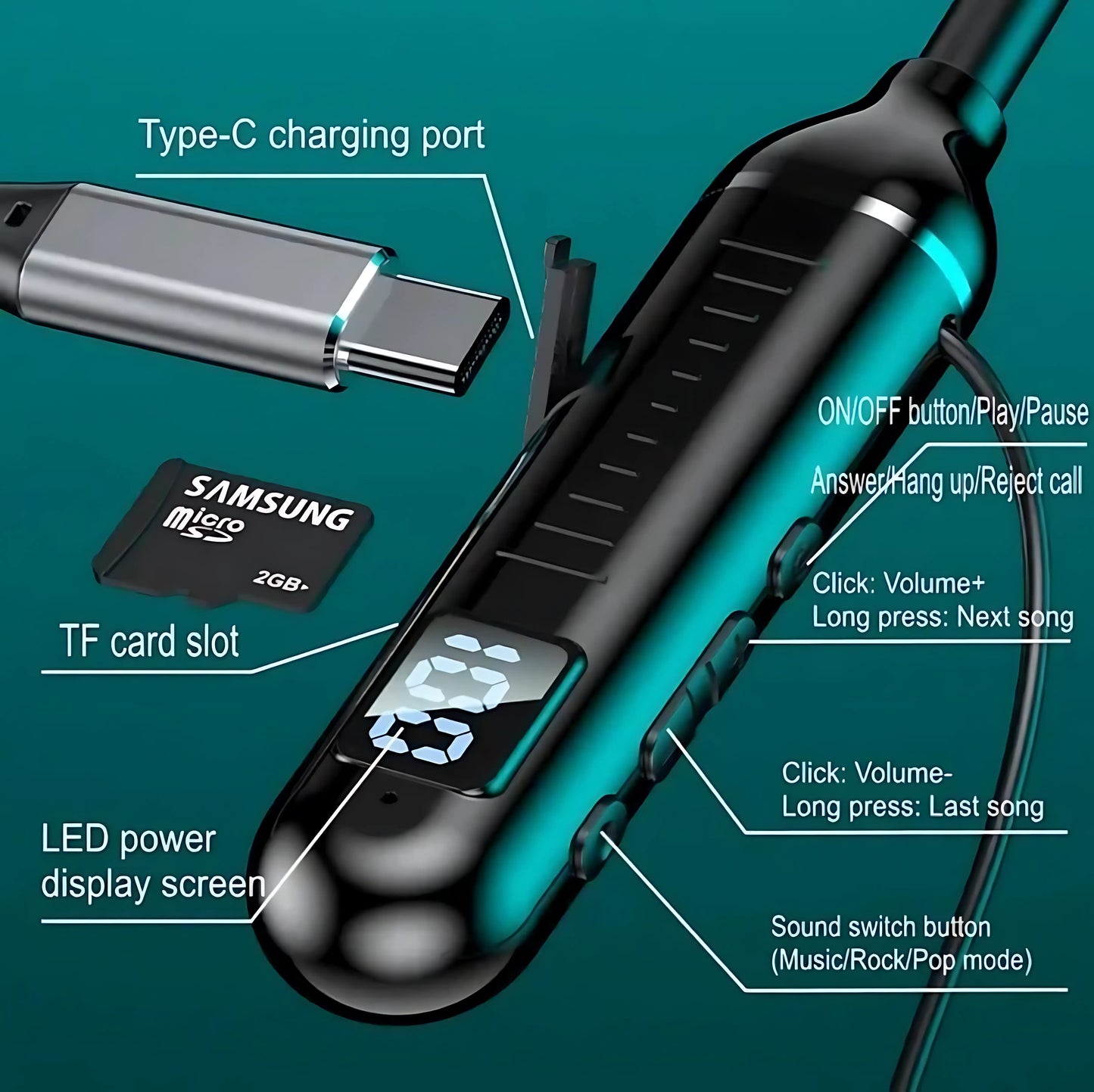 LCD Neckband Bluetooth Headphones – Real-Time Battery Display, Waterproof, SD Card Supported