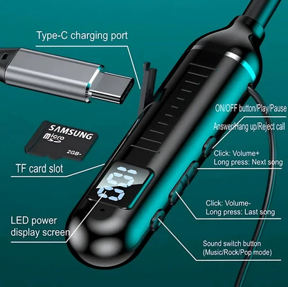 LCD Neckband Bluetooth Headphones – Real-Time Battery Display, Waterproof, SD Card Supported