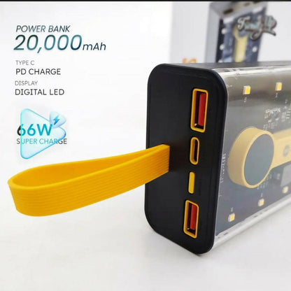 Transparent 20000mAh Power Bank – 66W Fast Charging Portable Charger with 4 Built-In Cables